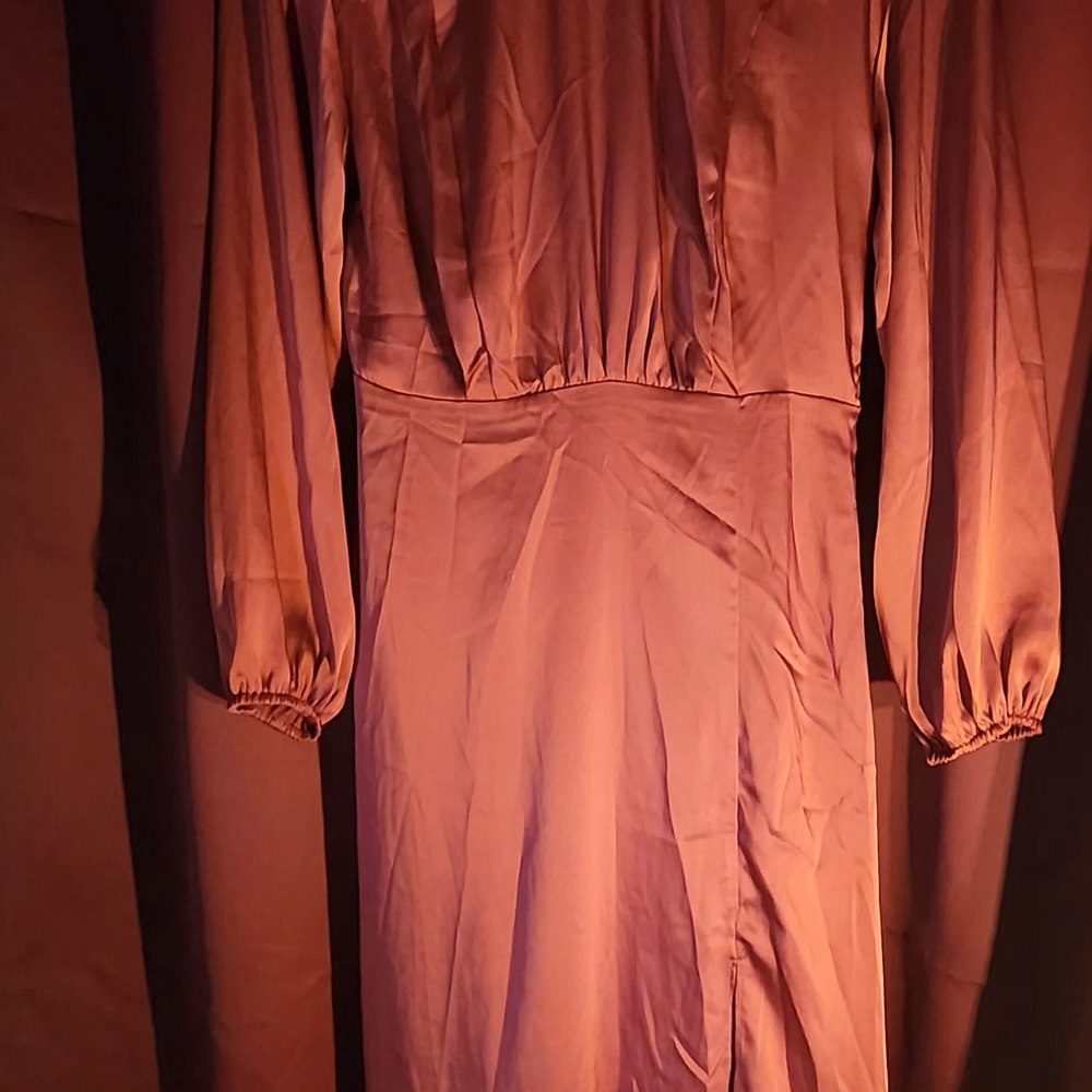 Elegant Burnt Orange Long Sleeve Slip Dress Satin (M)